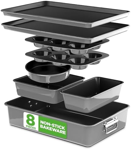 NutriChef 8-Piece Nonstick Stackable Bakeware Set - PFOA, PFOS, PTFE Free Baking Pans Set w/Non-Stick Coating, 450°F Oven Safe, Round Cake, Loaf, Muffin, Wide/Square Pans, Cookie Sheet (Gray) by NutriChef%E2%84%A2Kitchen