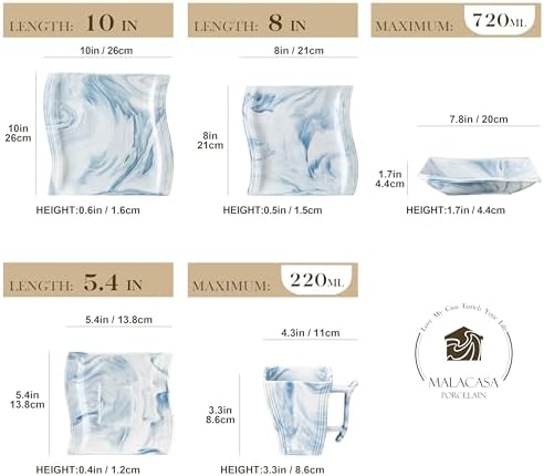 MALACASA Dinnerware Sets for 6, 30 Piece Porcelain Plates and Bowls Sets, Square Dish Set with Dinner Plate and Bowl, Cup and Saucer, Blue Dishes Dinnerware Set, Modern Dishware Sets, Series Flora - Image 2