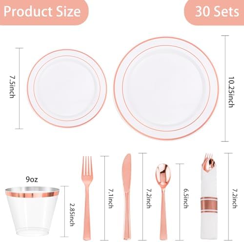 DaYammi 350PCS Rose Gold Plastic Dinnerware Set for 50 Guests, Plastic Plates for Party Include: 50 Dinner Plates, 50 Dessert plates,50 Pre Rolled Napkins with Rose Gold Silverware,50 Cups for Wedding - Image 4
