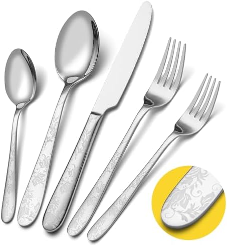 40 Piece Silverware Set, Service for 8, EIUBUIE Premium Stainless Steel Cutlery Set, Mirror Polished Flatware Sets with Pattern Handle, Modern Kitchen Eating Utensils Sets by EIUBUIE