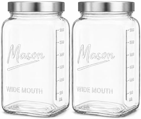 1 Gallon Glass Jars with Lids - Extra Large Mason Jars Wide Mouth with Airtight Metal Screw On Lids - Square Glass Storage Containers with Measurements for Flour, Sugar, Cookies & Pickling, 2 Pack by KITCHENTOOLZ