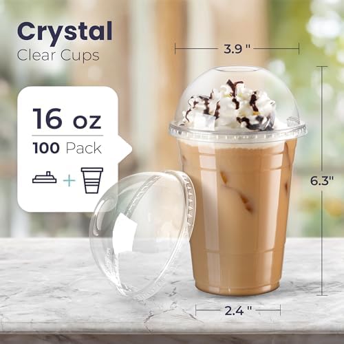 Fit Meal Prep 100 Pack 16 oz Disposable Plastic Coffee Cups with Dome Lids, To Go Iced Coffee Cups with Lids, BPA Free Clear Parfait Cups for Party, Smoothie, Bubble Boba, Juice, Milkshake - Image 2