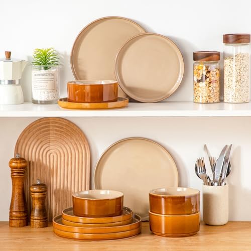 vancasso ONION Ceramic Plates and Bowls Sets, 12 Pieces Brown Dinnerware Sets for Kitchen, Reactive Glaze Dishes Set for 4, Dishwasher and Microwave Safe - Image 5