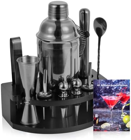 Safring Bartender Kit with Stand, 12-Piece Bar Set | 24oz Cocktail Shaker Set for Drink Mixing, Martini Shaker Set with Bar Tools, Recipes Booklet | Fun Housewarming Gift (Black) by Safring