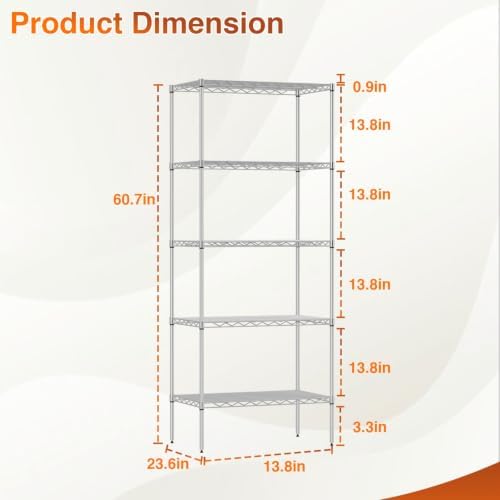 BestOffice | 5-Tier Wire Shelf | 14" x 24" x 60" | Chrome - Image 3