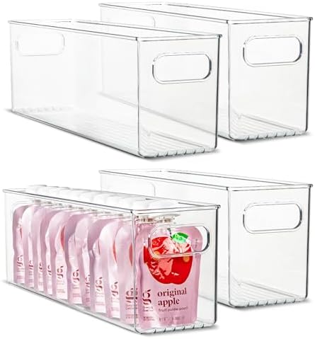 Plastic Food Storage 4 Pack Clear Container Bin with Handles for Organizing Kitchen, Pantry, Fridge, Freezer, Pantry,Bathroom. 16"x4"x5" by primebox