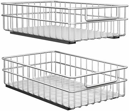 Pull out Cabinet Organizer, Stainless Steel 2-Pack Slide out Drawer with Silent Full-Extension Slides, Adhesive Roll out Can Spice Storage Basket Shelf Rack for Pantry, Kitchen, Bathroom, Home Closet by Kitstorack