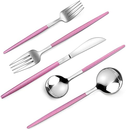 VANVRO Mirror Silver Rosy Silverware Set, 20-Piece Stainless Steel Flatware Set, Satin Finish tableware Cutlery Set, Service for 4, Home and Restaurant, Dishwasher Safe by VANVRO