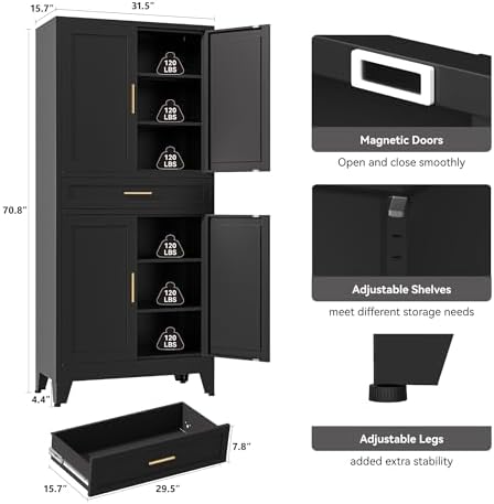 YAUWOH 71''Tall Kitchen Pantry Cabinet with Drawer,6-Tiers Metal Pantry Storage Cabinet with 4 Adjustable Shelves and 4 Barn Doors, Freestanding Farmhouse Food Cupboard for Dining Room (1PC,Black) - Image 3