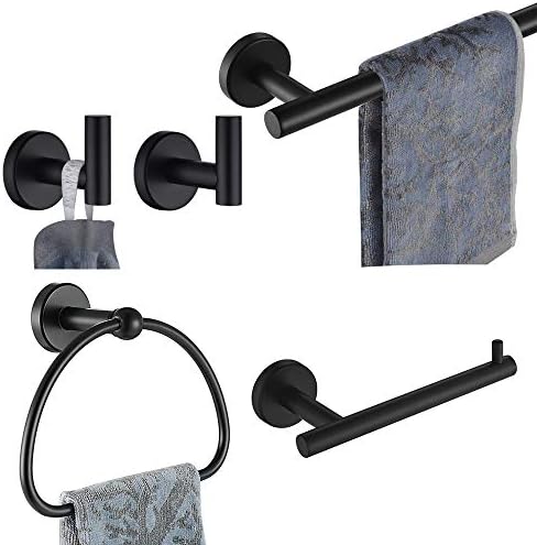 JQK Bathroom Hardware Set, 5-Piece Bath Accessories Set Matte Black Wall Mount Includes 24 in Towel Bar, 7 in Towel Ring, Toilet Paper Holder, 2 Towel Hooks, BAS165-PB by Homeimprovement