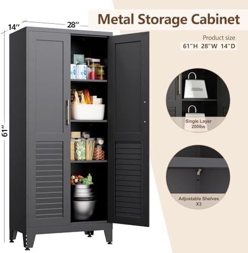 61" H Kitchen Pantry Cabinet, Freestanding Storage Cabinet with Louvered Doors, Adjustable Shelves Tall Kitchen Cabinet for Kitchen Dining Room Laundry Room, 61" H x28 W x14 D, Black - Image 2