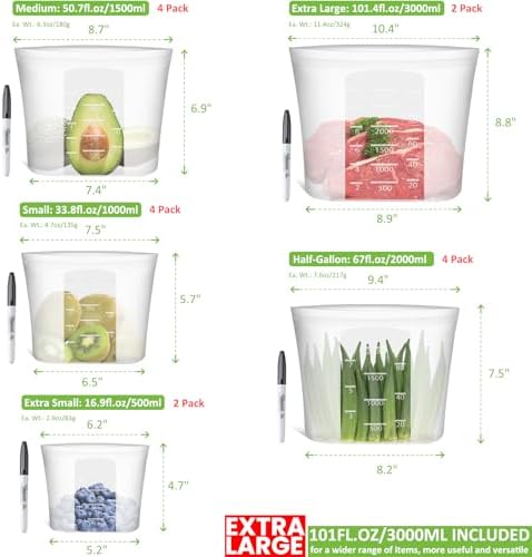 100% Silicone Reusable Storage Bag, 16 Pack Stand-Up Wide-Mouth Zip-Lock Food Storage Bags, Easy-Fill Easy-Open Easy-Clean Space-Saving, Microwave & Dishwasher Safe, 2 XL/4 L/4 M/4 S/2 XS, Translucent - Image 3