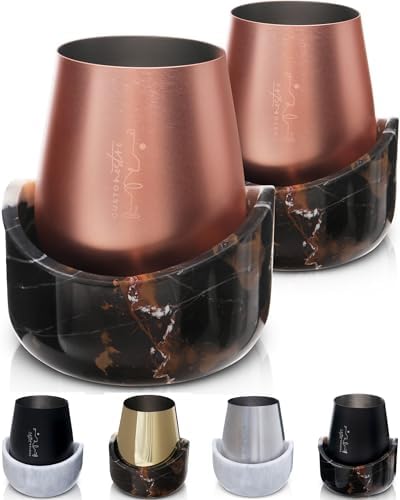 Gusto Nostro Marble Wine Chiller for Glass and Stainless Steel Tumbler Set of 2 - Wine Glass Chiller Holder for Freezer - Cool Set Chillers & Stemless Wine Metal Tumblers for Home,Bar (RoseGold Black) by GustoNostro