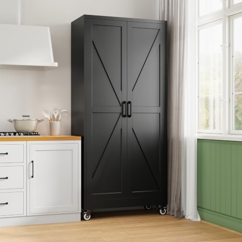 Letaya 75" Metal Garage Storage Cabinet with Wheels,Black Kitchen Pantry - Image 2