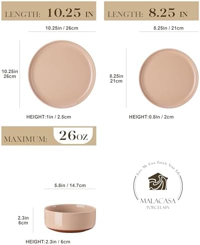 MALACASA Plates and Bowls Sets, 12 Pieces Modern Stoneware Dinnerware Set for 4 Kitchen Dinner Set Ceramic Dishware Dishes Set Microwave and Dishwasher Safe, Pink, Series TARA - Image 2