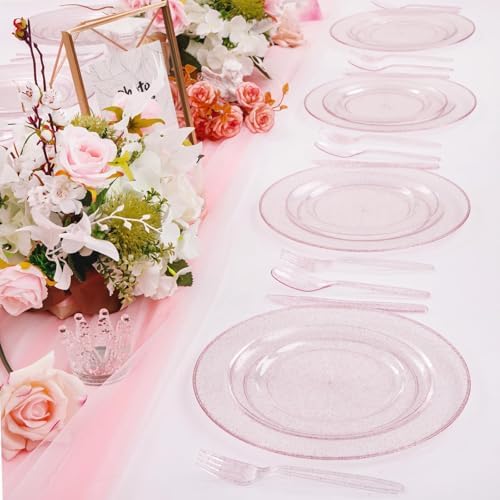 WDF 200PCS Pink Plastic Plates - Rose Gold Glitter Plastic Plates - Heavy Duty Pink Glitter Disposable Plates for Wedding/Baby Shower/Birthday - Image 4