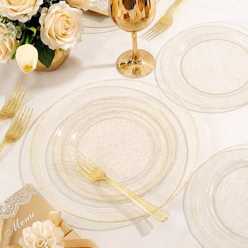 WDF 120PCS Gold Plastic Plates- Disposable Gold Glitter Plates, Premium Heavy Duty 60-10.25" Dinner Plate and 60-7.5" Salad Plate for Wedding/Thanksgiving/Friensgiving/Fall Harvest - Image 3
