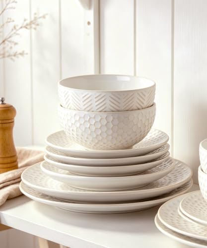 Embossed Ceramic Dinnerware Set for 4, 12-Piece White Plates and Bowls Set, Modern Farmhouse Tableware with 10" & 8" Plates, 26 oz Bowls, Microwave, Oven & Dishwasher Safe - Image 6