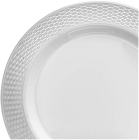 OCCASIONS 100 Plates Pack,(50 Guests) Heavyweight Premium Wedding Party Disposable Plastic Plates Set -50 x 10.5'' Dinner + 50 x 7.5'' Salad/Dessert (Diamond White & Silver) - Image 3