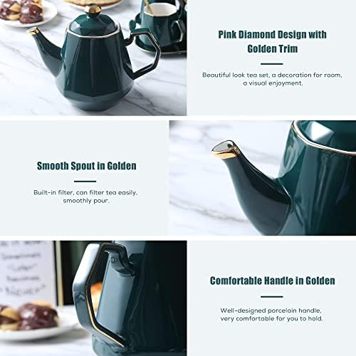 DUJUST 14 pcs Tea Set of 6 with Tray & Spoons, Modern Diamond Design Tea/Coffee Cup Set with Golden Trim, Chic Porcelain Living Room Decor, Fine-China Teapot Party Set, Gift Package - Green - Image 3