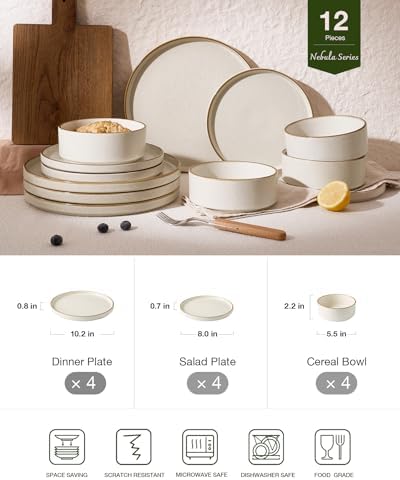 Famiware Nebula 12-Piece Dinnerware Set, Matte Beige White with Brown Rim - Image 2