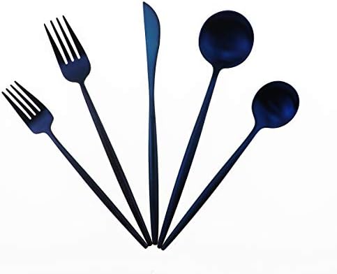 Matte Blue Gugrida 5-Piece 18/10 Stainless Steel Silverware Set, Satin Finish Flatware, Kitchen Utensils, Tableware Travel Cutlery for Camping, Office or School Lunch, Dishwasher Safe by Gugrida