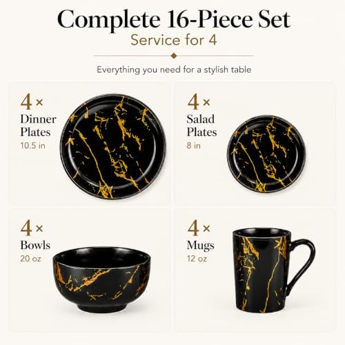 Black and Gold Marble Dinnerware Set for 4, 16-Piece Porcelain - Image 2