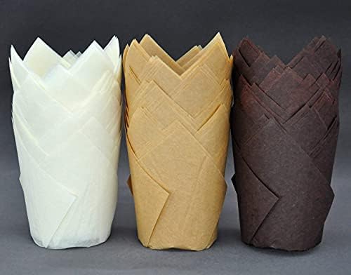 QLSmypkg Large Greaseproof paper Wrappers Muffin Baking cupcake cups liners, 2-1/4" x 4" Natural,Brown,White 3 colours in a box Tulip Baking Cups Holders 125 pcs (Large) (125, Multi 3) - Image 2