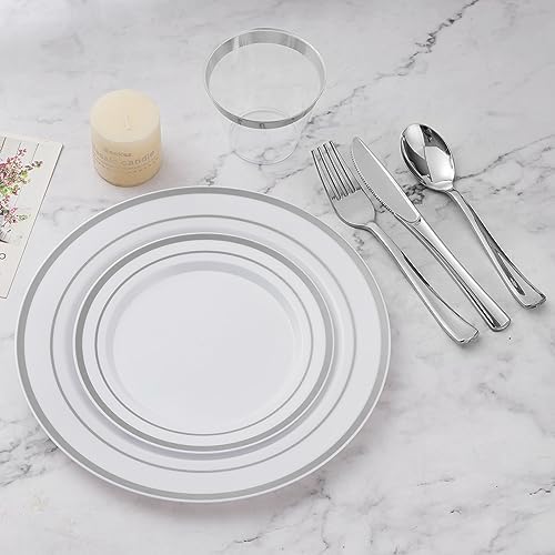 BESTVIP 300PCS Plastic Dinnerware Set, Silver Disposable Plates - Image 5