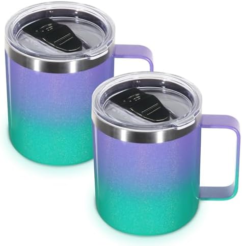 Volhoply 14oz Insulated Stainless Steel Coffee Mug with Lid Bulk 2 Pack,Double Wall Vacuum Travel Coffee Cup with Handle,Reusable Cups Tumbler,Camping Mugs Keep Hot,Ideal Gifts(Purple Green,2) by LiveFully%EF%BC%8CDrinkFreely%E2%80%94KeepGoingwithVolhoply%EF%BC%81