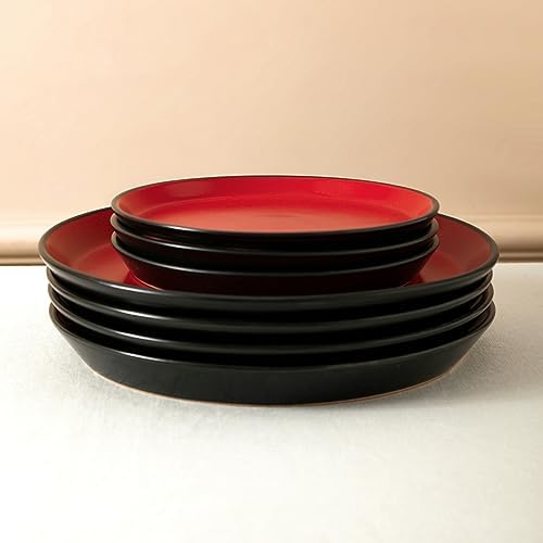 Stone Lain Albie Stoneware 16 Piece Modern Dinnerware Set, Kitchen Plates and Bowls Sets, Service for 4, Red and Black, Microwave & Dishwasher Safe - Image 6