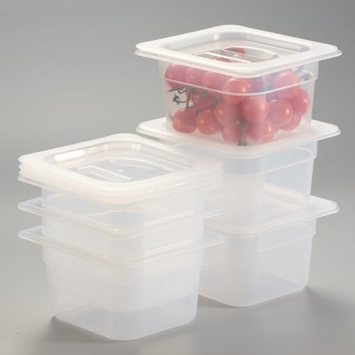 CURTA 6-Pack 1/6 Size 4" Deep Food Pan with Handled Lid – NSF Listed Commercial-Grade Translucent Polypropylene, Stackable Freezer-Safe Storage for Restaurants, Catering & Buffets by CURTA