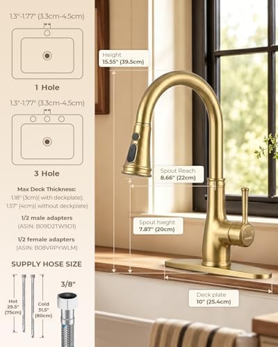 WEWE Vintage Kitchen Faucet, Pull-Down Sprayer, Brushed Gold, High Arc - Image 4