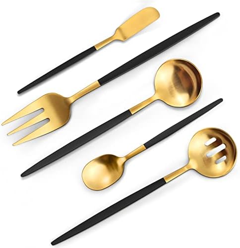 VANVRO Matte Black Gold Serving Silverware Set, 5-Piece Round Shared Utensils Set of Stainless Steel, Hostess Flatware Serving Set, Satin Finish, Dishwasher Safe by VANVRO