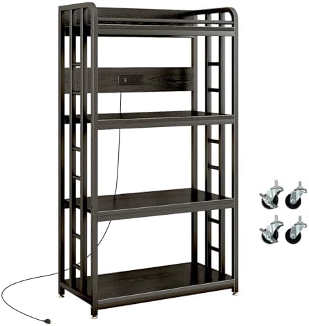 METYERRY Microwave Stand with Storage, 4-Tier Kitchen Bakers Rack with Power Outlet and USB Charging Ports, Rolling Kitchen Cart with Lockable Wheels and Adjustable Shelves for Coffee Bar, Black by METYERRY