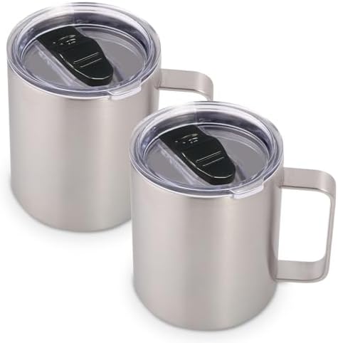 Volhoply 14oz Insulated Stainless Steel Coffee Mug with Lid Bulk 2 Pack,Double Wall Vacuum Travel Coffee Cup with Handle,Reusable Metal Cups Tumbler,Camping Mugs Keep Hot,Ideal Gifts(Silver,2) by LiveFully%EF%BC%8CDrinkFreely%E2%80%94KeepGoingwithVolhoply%EF%BC%81