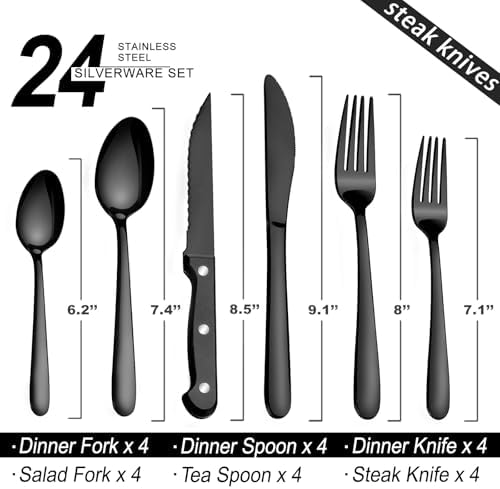 Pleafind 24Pcs Black Silverware Sets for 4 - Dishwasher Safe, Flatware Set with Steak Knives, Stainless Steel Cutlery Set, Include Forks Spoons and Knives Set, Utensil Sets for Home Restaurant - Image 2