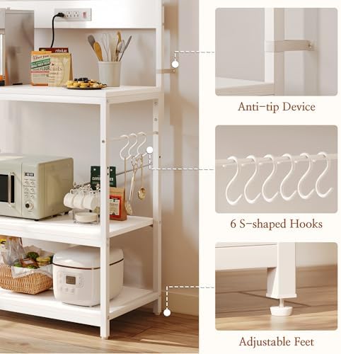 SUPERJARE Bakers Rack with Power Outlets, Microwave Stand, 31.5 X 16.5 Inch Larger Desktop, Kitchen Storage Rack with Adjustable Middle Shelf, 6 S-Shaped Hooks, Coffee Bar Stand, White - Image 7