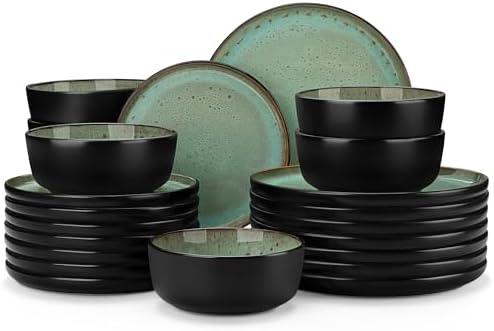 vancasso Plates and Bowls Sets, 24 Pieces Stoneware Dinnerware Sets for 8, Kitchen Dish Set Mircowave and Dishwasher Safe Ceramic Dishware, Turf Green, Series AMBER by vancasso