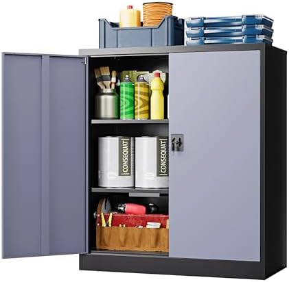 Metal Storage Cabinet,Locking File Cabinet with Doors and Adjustbale Shelves,Tool Steel Cabinets for Garage,Home Office,School,Gym(Grey & Black) by LISSIMO