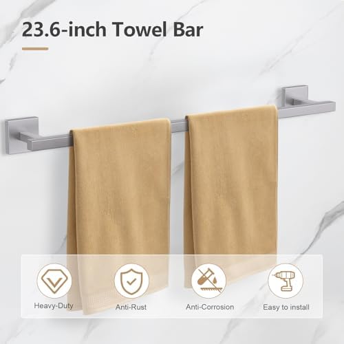 TQKAG 5-Pieces Brushed Nickel Bathroom Hardware Accessories Set 23.6" SUS304 Stainless Steel Towel Bar Set Wall Mounted Square Toilet Paper Holder with Shelf - Image 2