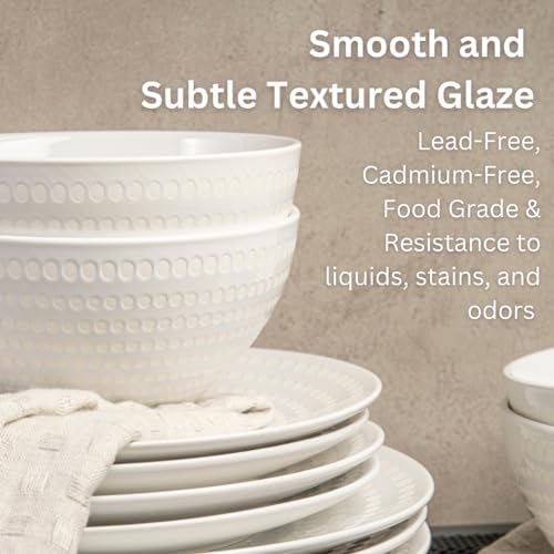 BZYOO Ceramic Dinnerware Set Serive for 4 (12 Pieces), Stoneware Plates and Bowls for Dining Pearl White Dishes Set With DOTDOT Design, Microwave Safe (12 PCS Dishes and Bow set, Bijou Collection) - Image 3