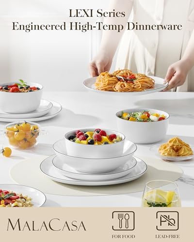 MALACASA 24-Piece Dinnerware Set for 6, White Black-Rim Porcelain Dishes - Image 3