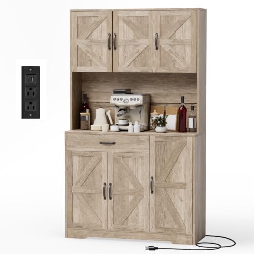 GRUSIGN 71" Pantry Cabinet with Charging Station, Large Capacity Kitchen Hutch Storage Cabinet, Kitchen Cabinet with Microwave Stand, Storage Drawers & Adjustable Shelves for Dining Room, Grey by GRUSIGN
