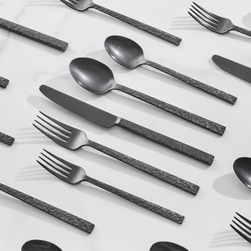 60 Pcs Black Hammered Silverware Set for 12, 18/10 Stainless Steel Flatware - Image 5