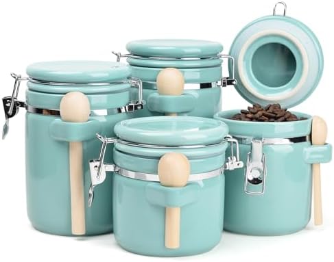 4 Piece Airtight Ceramic Canister Set With Attached Wooden Spoon Reusable Chalk Labels For Dry Goods Sugar Coffee Tea Kitchen Storage Use (Turquoise) by TryitBuyitYoulllikeit