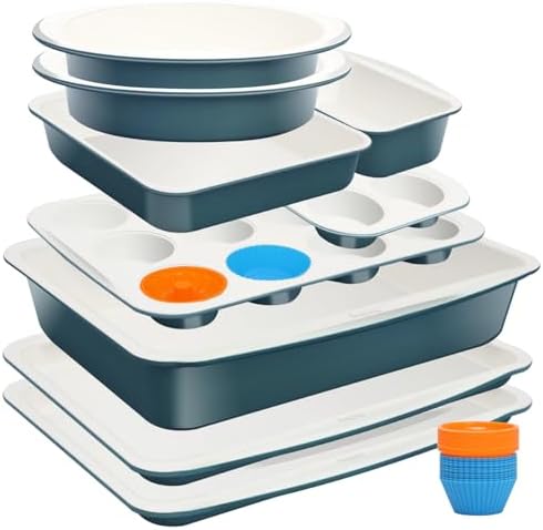 Ceramic Nonstick Baking Pans Set, Non Toxic 33 PCS Stackable Bakeware Sets, 550°F Oven Safe Baking Sheet & Pans, Warp-Free, Dishwasher Safe, PTFE/PFOA/PFOS-Free (Blue) by Ymiton