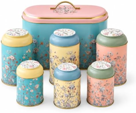 MARIA ROMA 7 Pcs Bread Box Set for Kitchen Countertop and Canisters Sets for the Kitchen Ideal for Bread Basket Sugar Container Coffee Canister Tea Tin Breadbox Vintage and Rustic Model by MARIAROMA