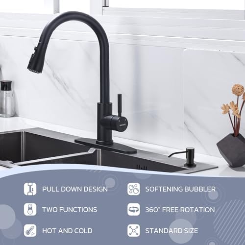 WEWE Kitchen Faucet with Soap Dispenser Set, Pull-Down, Matte Black - Image 2