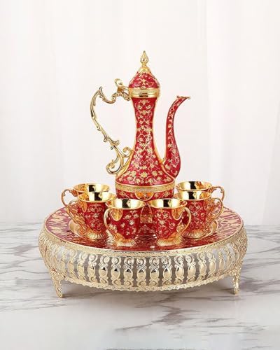 Turkish Tea Set Vintage Coffee Pot with Shiny Crystal Tray and 6 Cups for Home Party Table Decor Red - Image 5